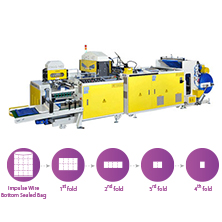 Fully Automatic High Speed Bottom Sealing Bag Making Machine With Flying Knife System, In-line 4 Foldings Unit And Servo Motors Controls<BR>Model:CW-4FK-800-SV/CW-4FK-1000-SV/CW-4FK-1200-SV